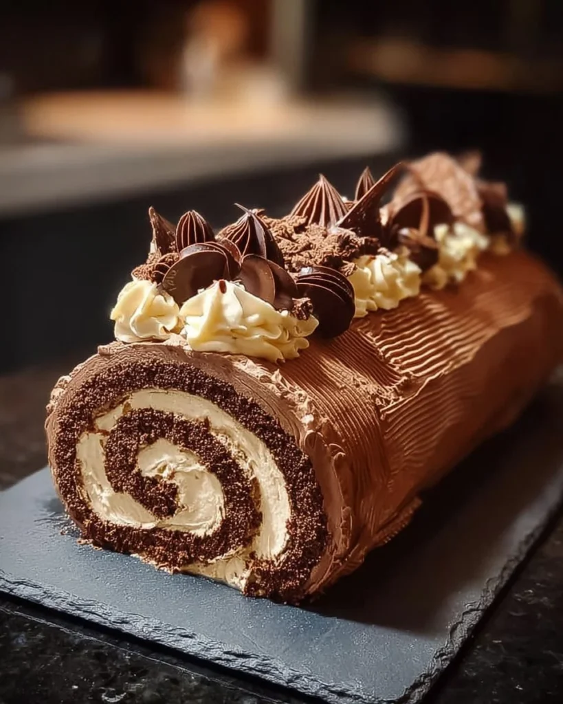 Delicious Tiramisu Log with layers of mascarpone and coffee flavors