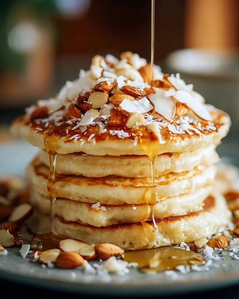 Toasted coconut macadamia pancakes served with coconut syrup on a plate