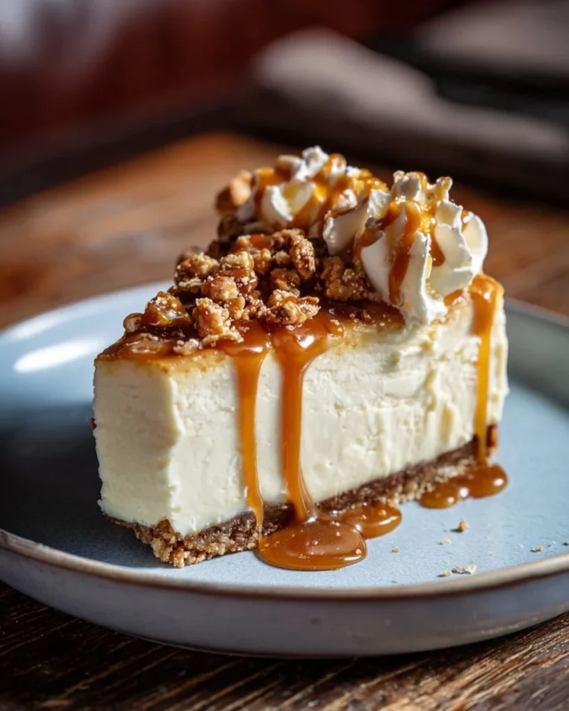 Delicious Toffee Caramel No-Bake Cheesecake topped with toffee drizzle