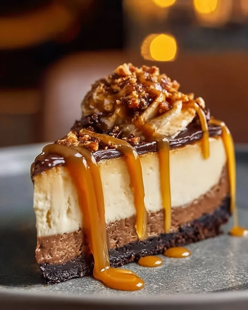 Slice of toffee caramel no-bake cheesecake on a plate