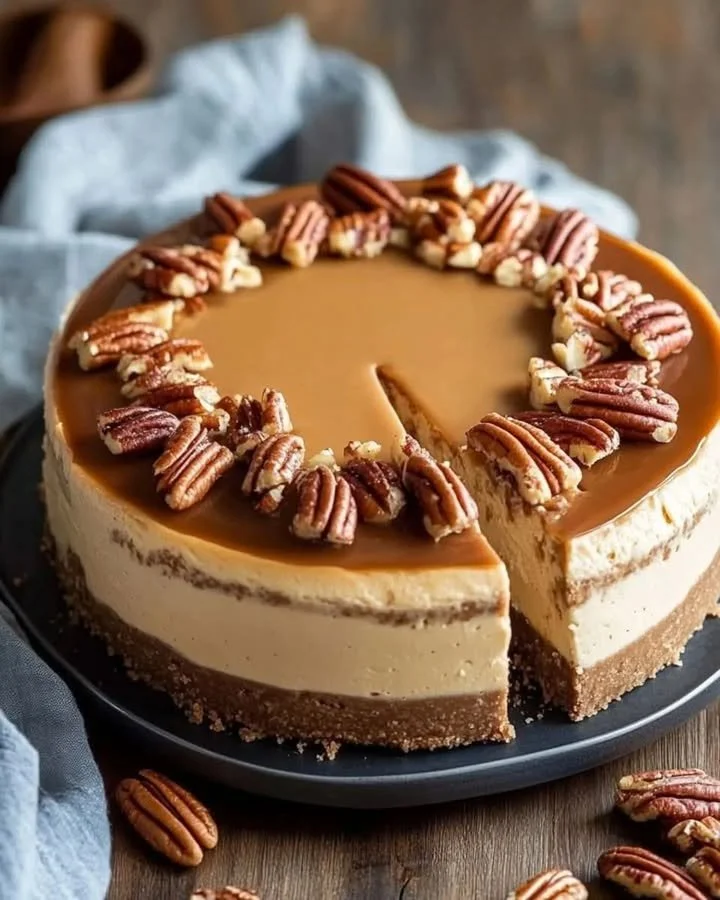 Delicious toffee pecan cheesecake topped with pecans and toffee sauce