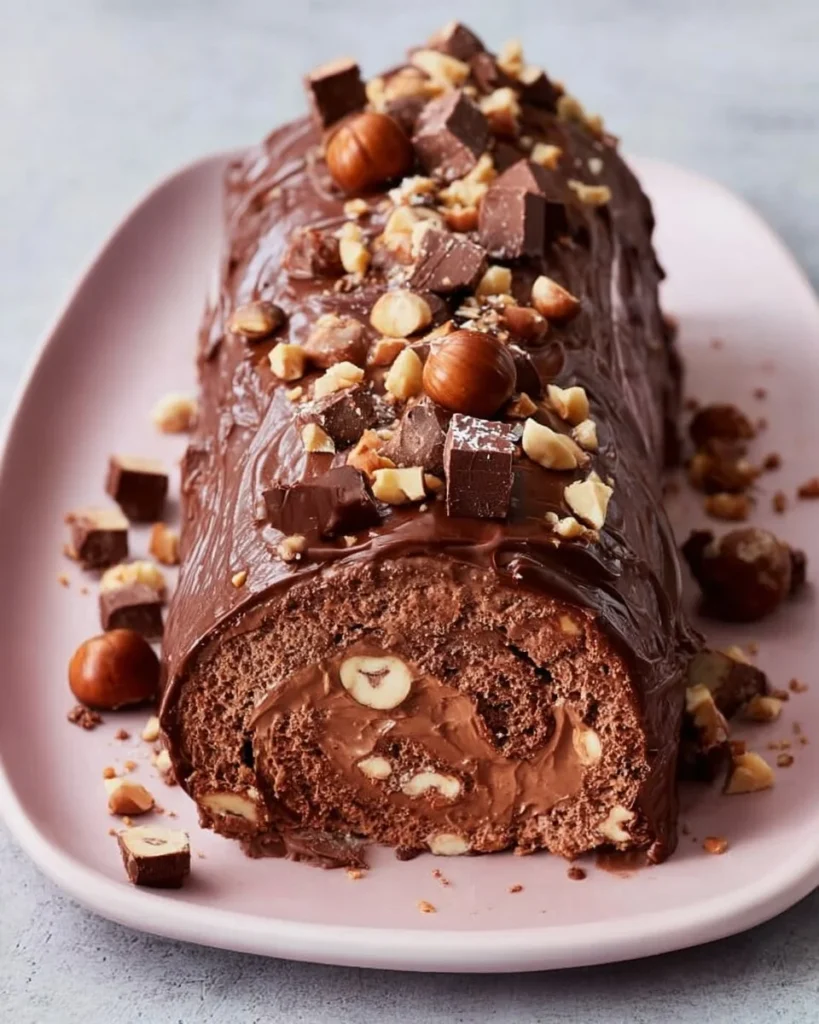 Toffifee Swiss Roll dessert with chocolate, caramel, and hazelnuts