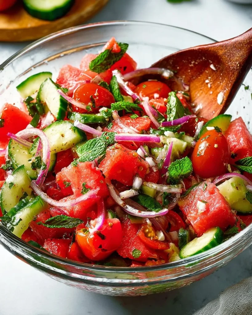 Delicious Tomato and Watermelon Salad with fresh ingredients on a plate