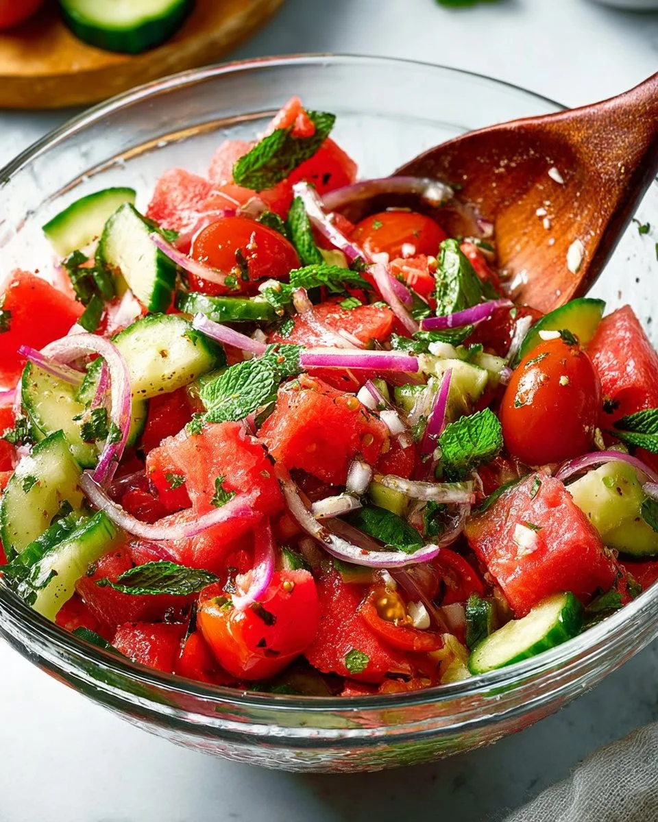 Delicious Tomato and Watermelon Salad with fresh ingredients on a plate