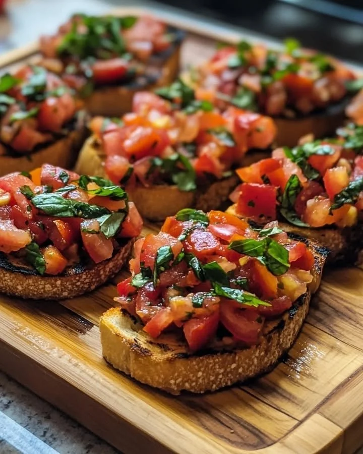 Delicious Tomato Basil Bruschetta topped with fresh tomatoes and basil leaves