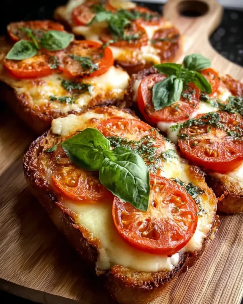 Slice of tomato basil garlic bread topped with fresh herbs