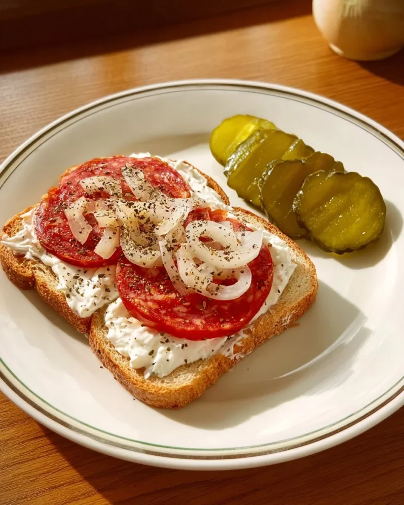 Tomato and onion sandwich served with a side of kosher dill pickle.