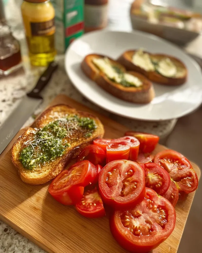 Delicious Tomato Sandwich with Pesto served on rustic bread