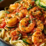 Tomato Zucchini Shrimp Pasta garnished with fresh herbs and vegetables