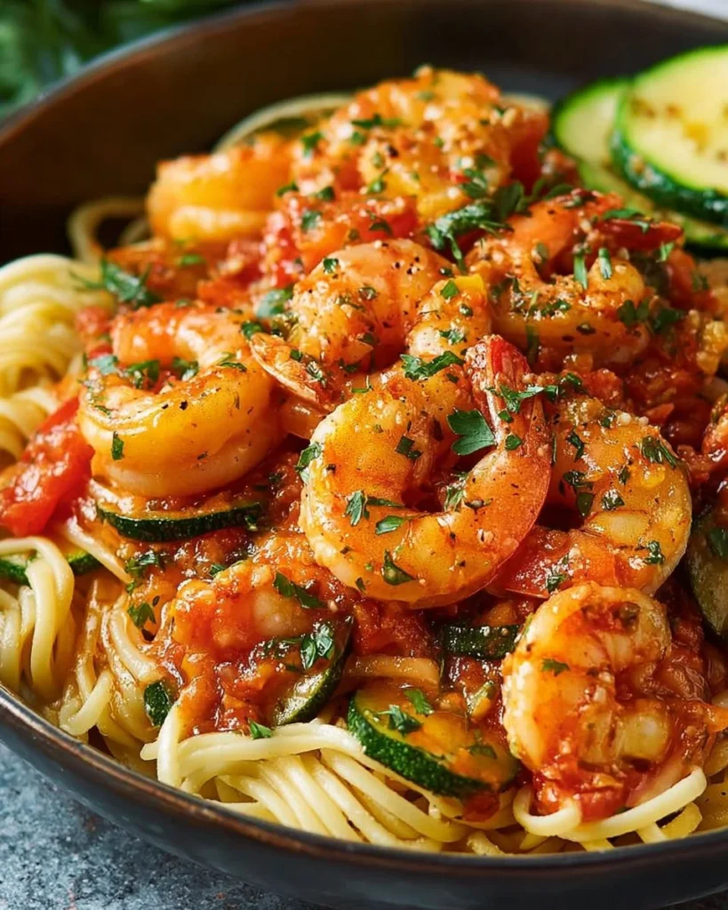 Tomato Zucchini Shrimp Pasta garnished with fresh herbs and vegetables