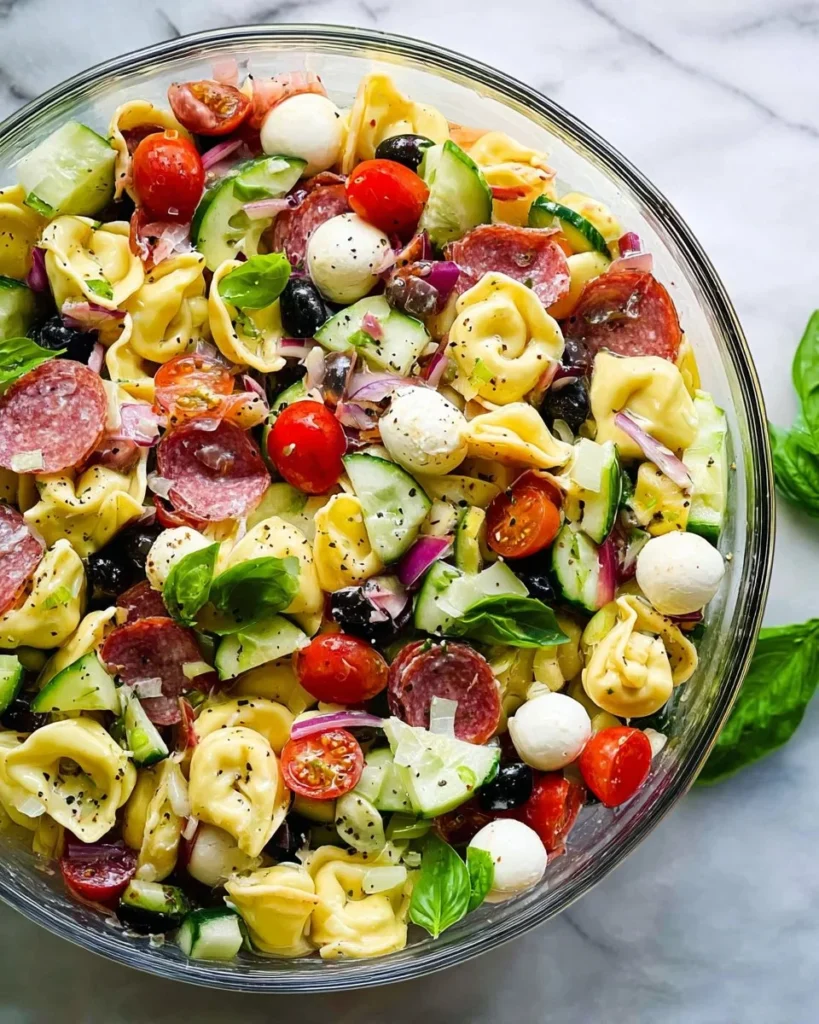 Colorful tortellini salad with fresh vegetables and dressing
