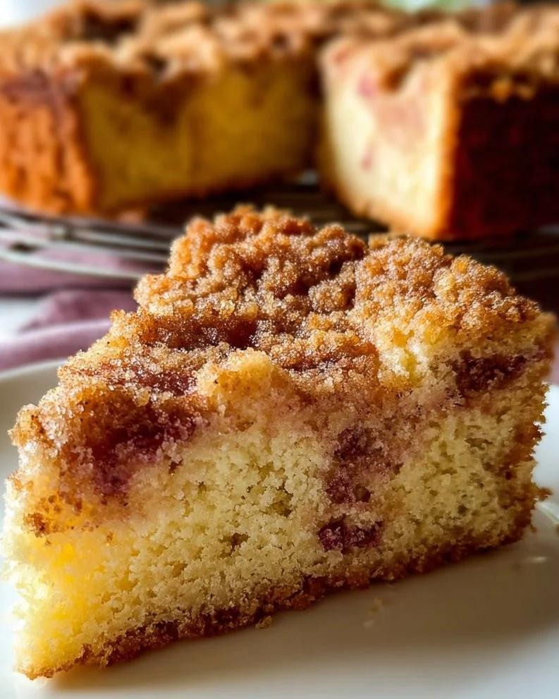 Traditional German Rhubarb Cake served on a rustic table with fresh rhubarb