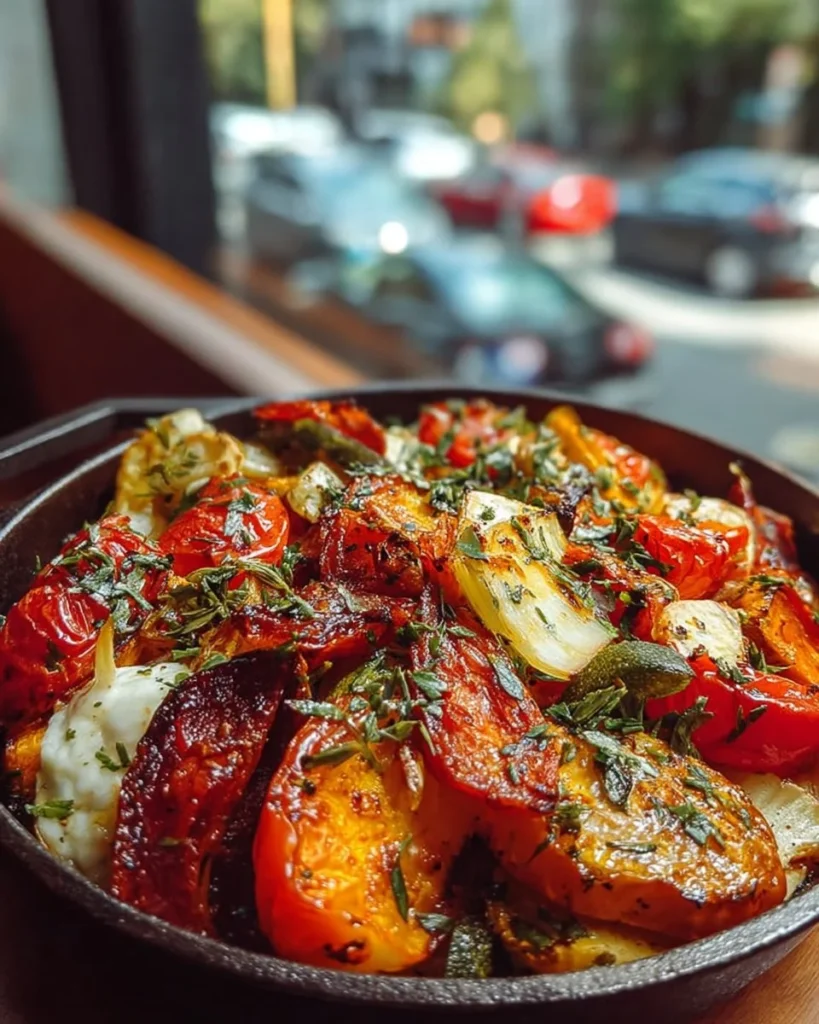 Plate of traditional Greek Briam, a baked vegetable dish with herbs and olive oil.