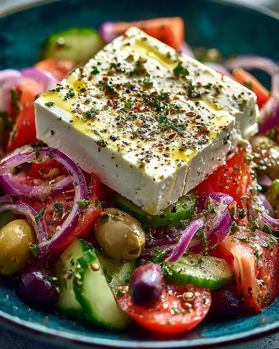 Traditional Greek village salad with fresh vegetables, olives, and feta cheese