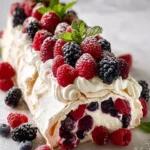 A delicious triple berry meringue roulade with vibrant berries and whipped cream.