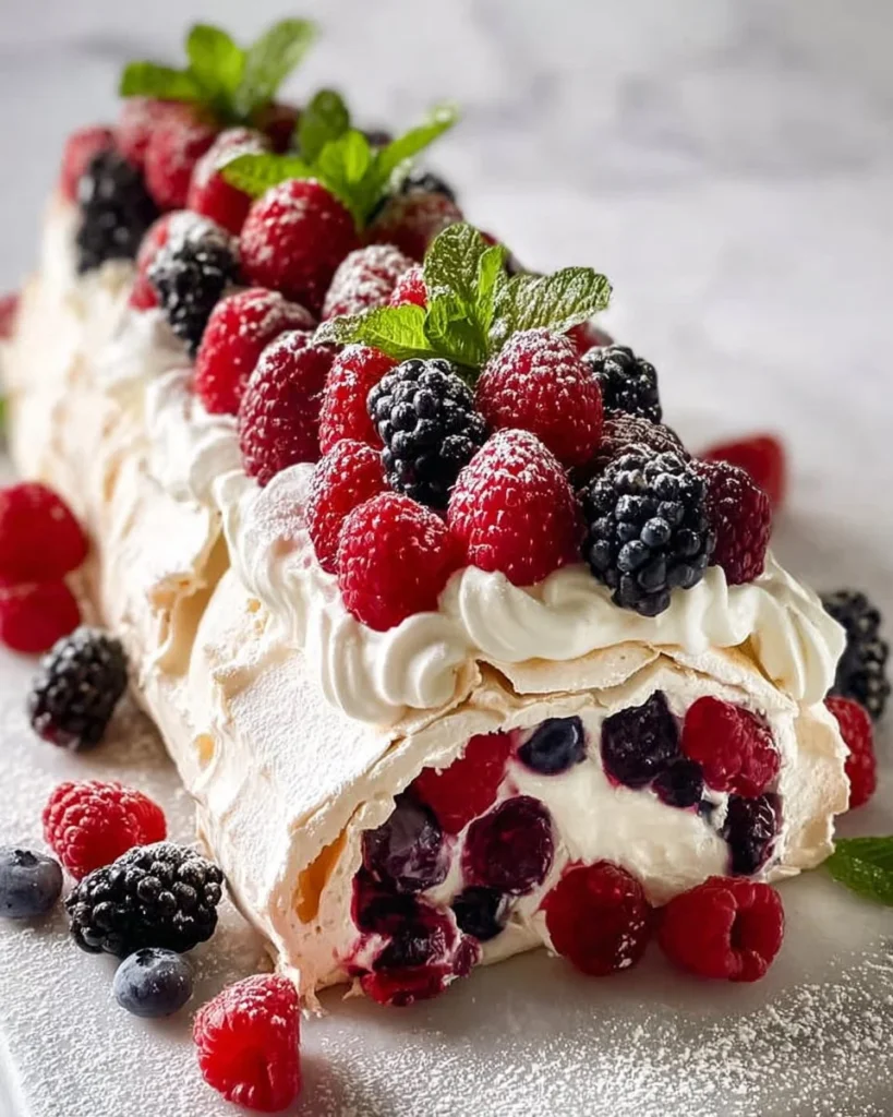 A delicious triple berry meringue roulade with vibrant berries and whipped cream.