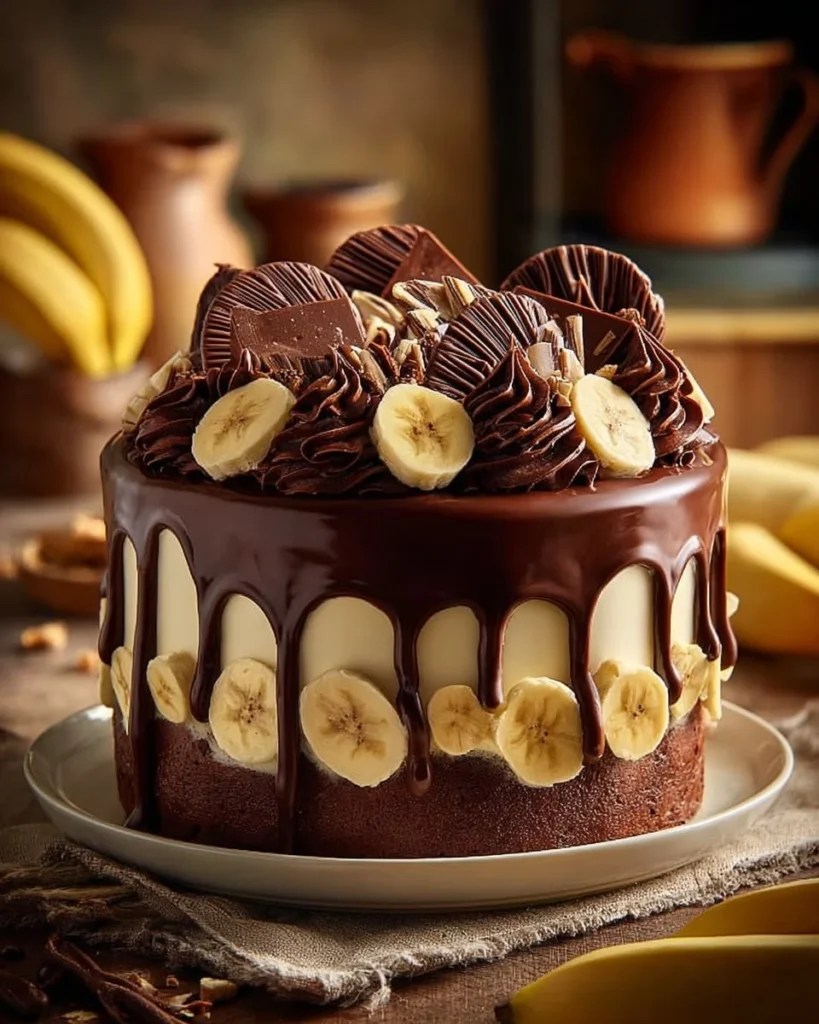 Slice of decadent Triple Chocolate Banana Cake with chocolate frosting and banana slices