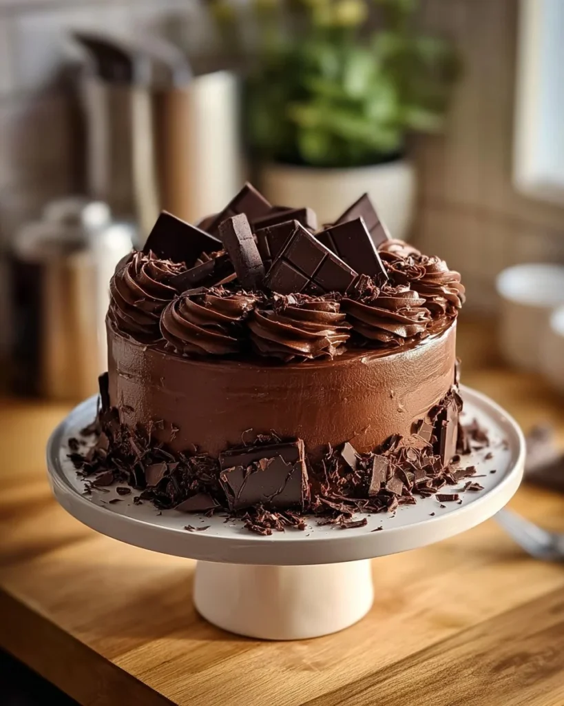 Delicious slice of Triple Chocolate Cake with layers of chocolate frosting