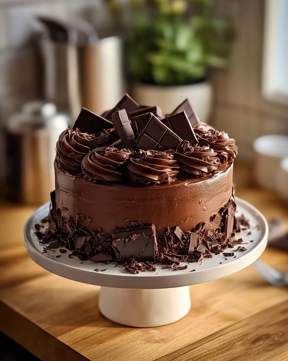 Delicious slice of Triple Chocolate Cake with layers of chocolate frosting