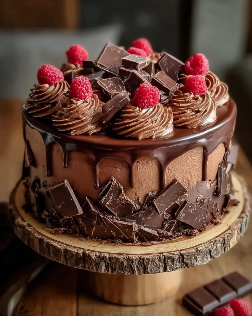Delicious slice of triple chocolate cake with layers of rich chocolate frosting