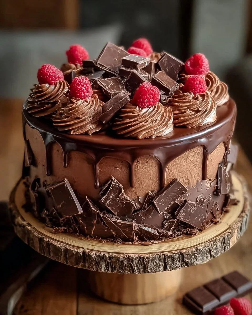 Delicious slice of triple chocolate cake with layers of rich chocolate frosting