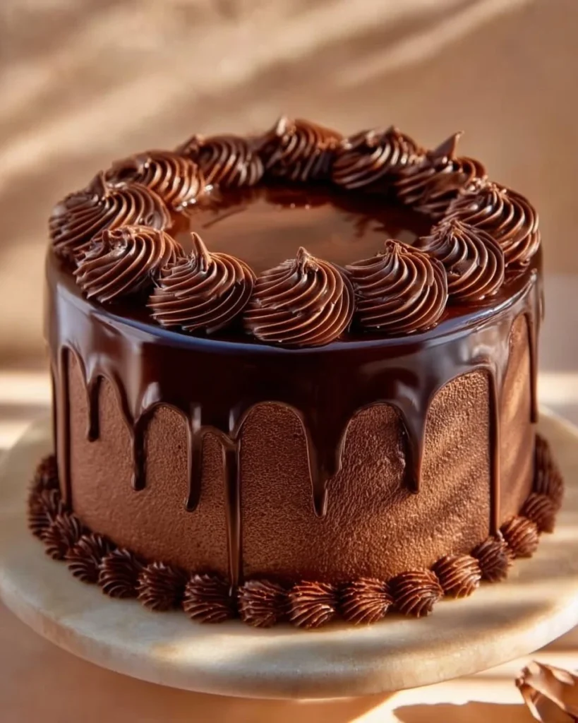 Delicious triple chocolate cake with rich chocolate frosting and toppings