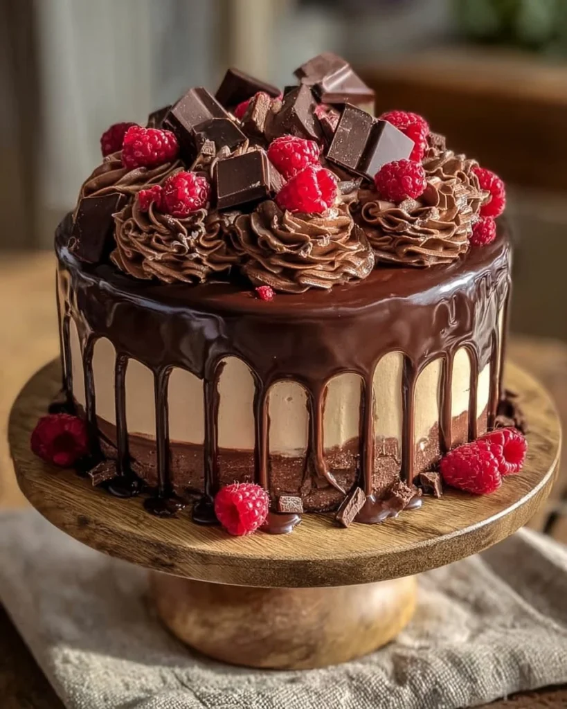 Delicious triple chocolate cake topped with chocolate ganache and shavings.