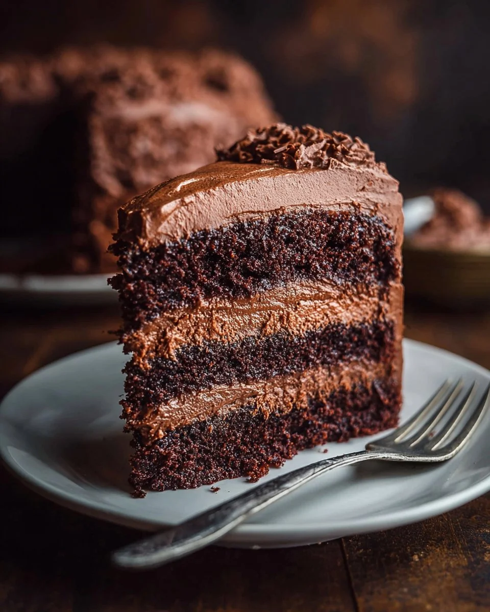 Decadent triple chocolate cake with layers of chocolate frosting and ganache
