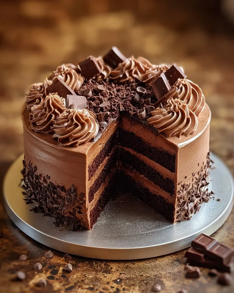 Moist Triple Chocolate Cake with layers of chocolate frosting and garnished with chocolate shards