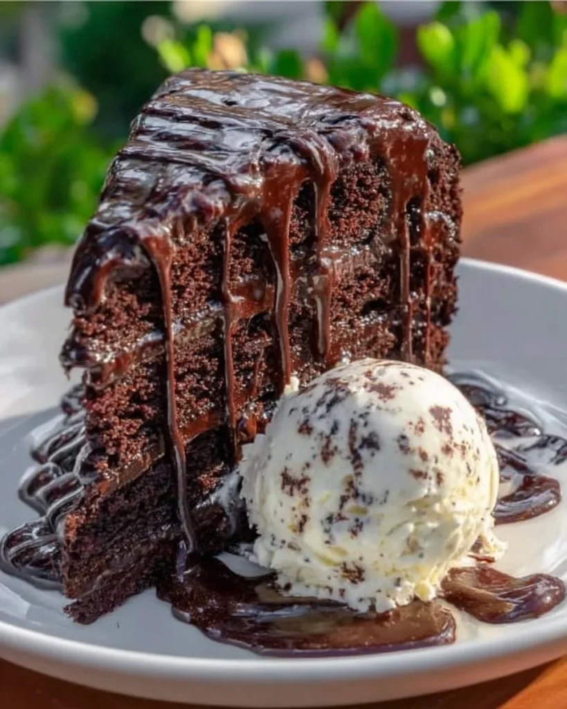 Triple chocolate cake drizzled with hot fudge sauce, showcasing layers of chocolate