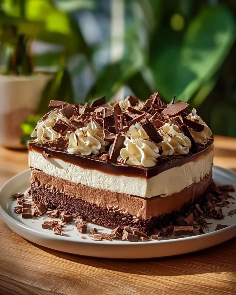 Delicious triple chocolate cheesecake topped with creamy chocolate ganache.