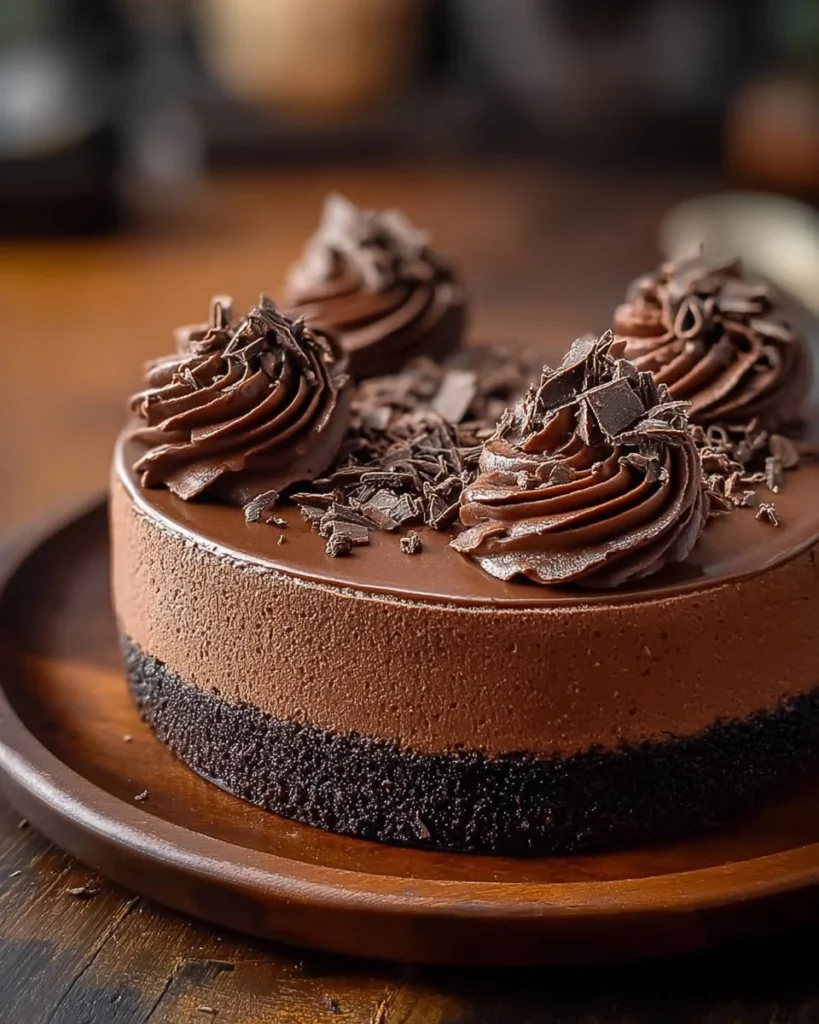 Decadent triple chocolate cheesecake topped with chocolate curls and swirls