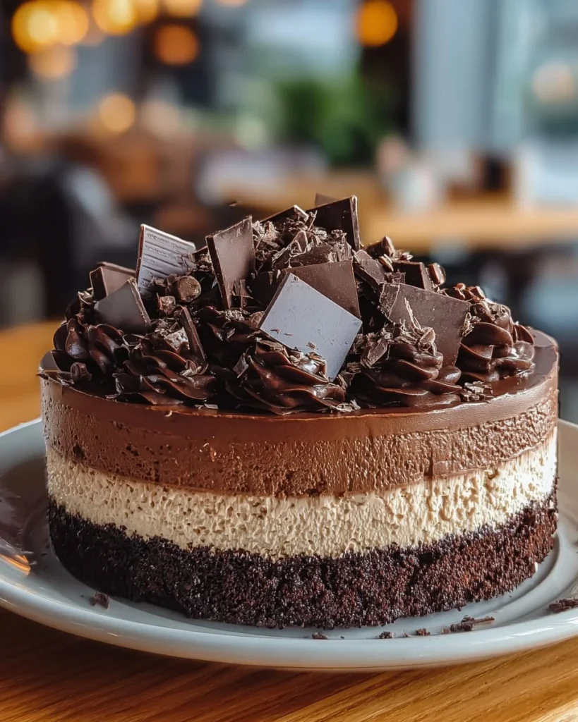 Delicious Triple Chocolate Cheesecake topped with chocolate ganache and shavings