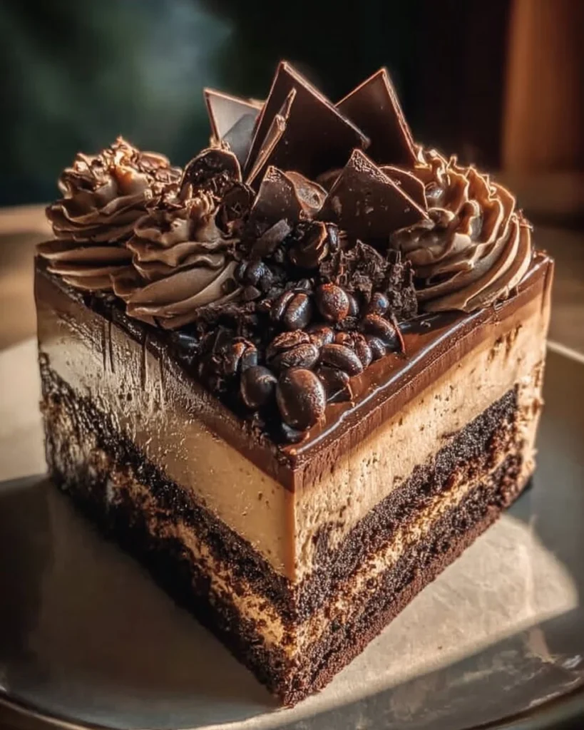 Delicious Triple Chocolate Cheesecake topped with chocolate shavings