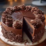 Decadent triple chocolate cheesecake topped with chocolate shavings and sauce