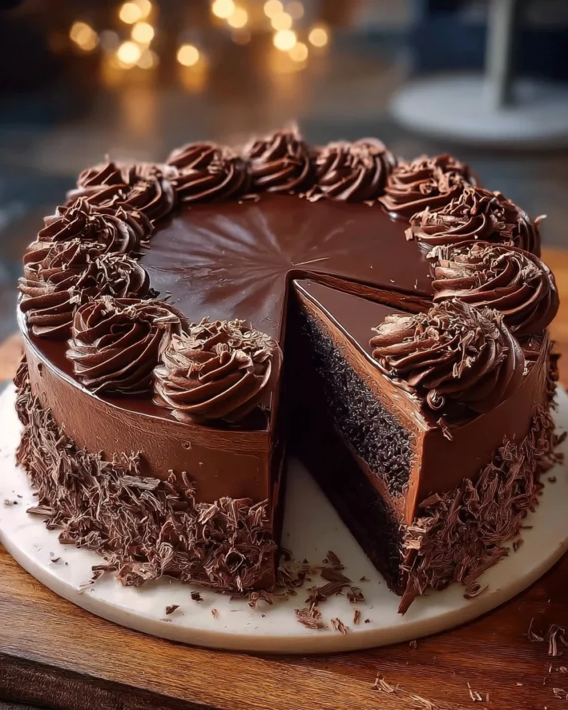 Decadent triple chocolate cheesecake topped with chocolate shavings and sauce