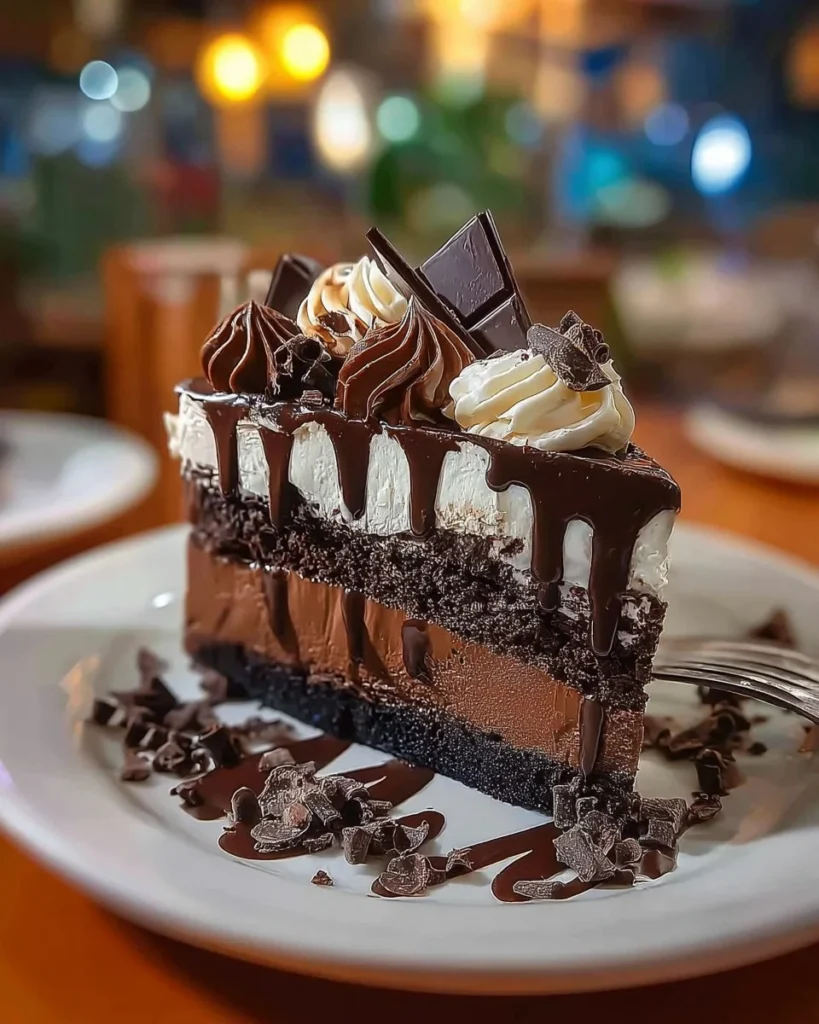 Slice of decadent Triple Chocolate Cheesecake garnished with chocolate shavings