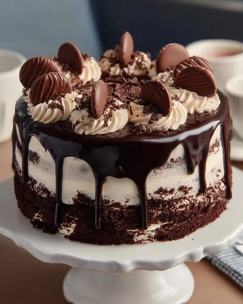 Delicious triple chocolate cheesecake topped with cocoa and chocolate shavings