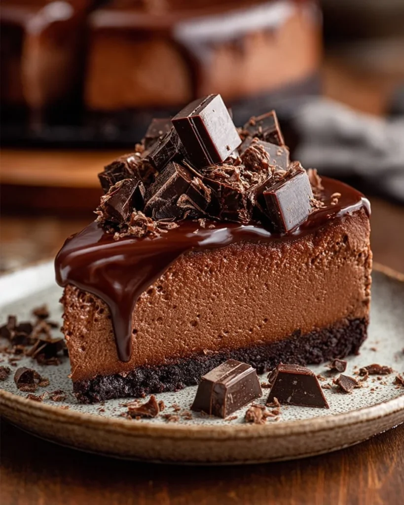 Decadent triple chocolate cheesecake with creamy layers and chocolate topping
