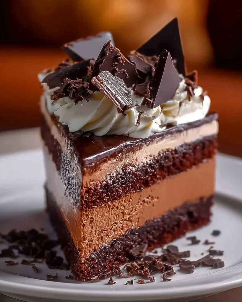 Delicious Triple Chocolate Cheesecake topped with chocolate shavings and sauce.