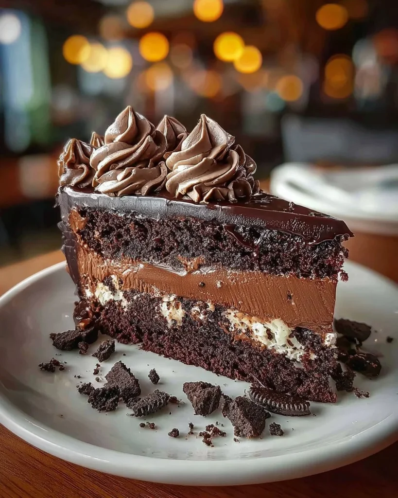 Delicious slice of Triple Chocolate Cheesecake topped with chocolate shavings.
