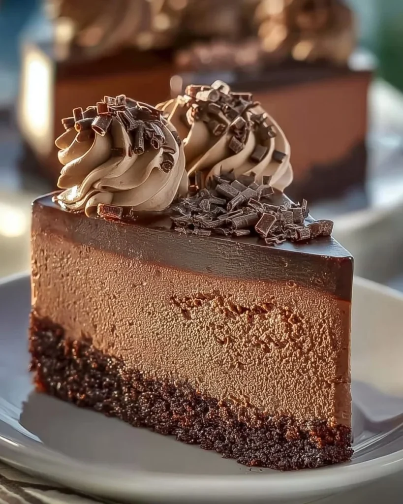 Decadent triple chocolate cheesecake topped with chocolate shavings and berries