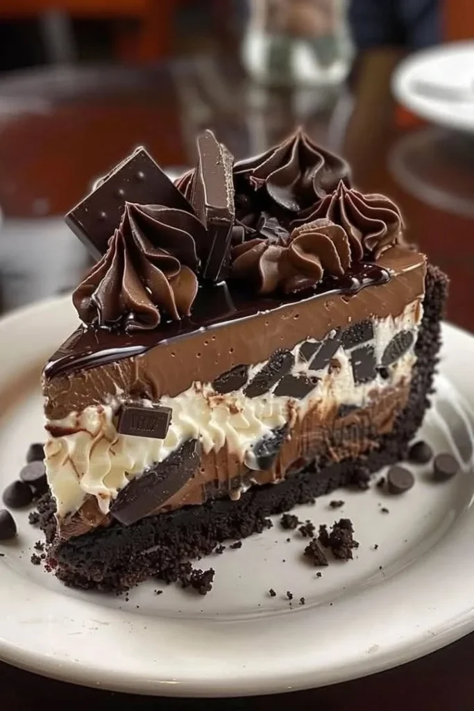 Decadent Triple Chocolate Cheesecake topped with chocolate ganache and shavings