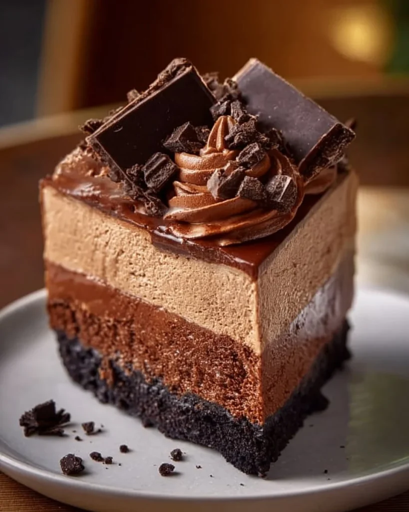 Delicious triple chocolate cheesecake topped with chocolate shavings