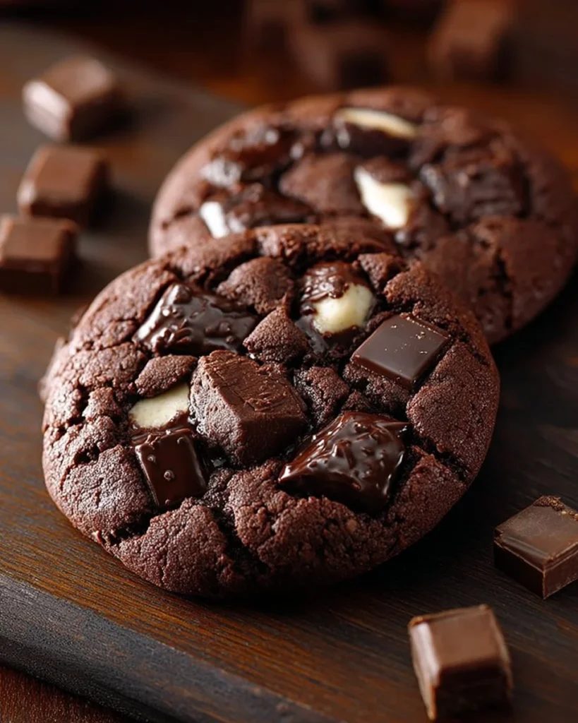 Tray of freshly baked triple chocolate chunk cookies