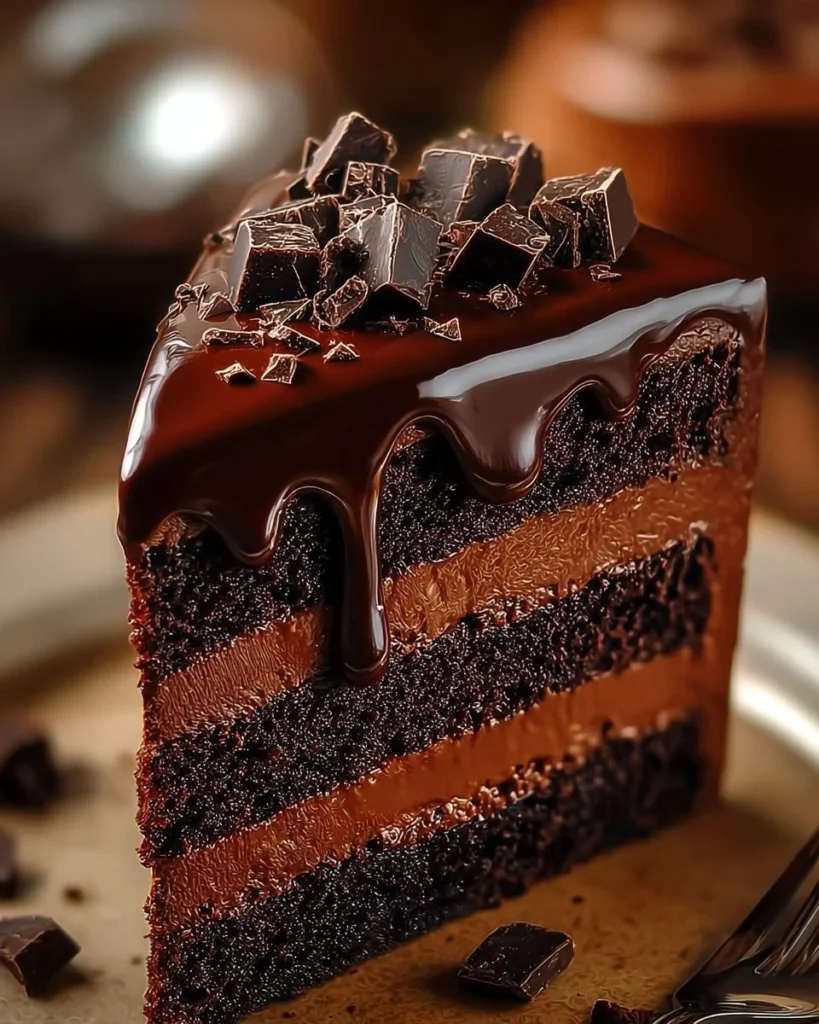 Triple Chocolate Layer Cake with rich chocolate layers and frosting