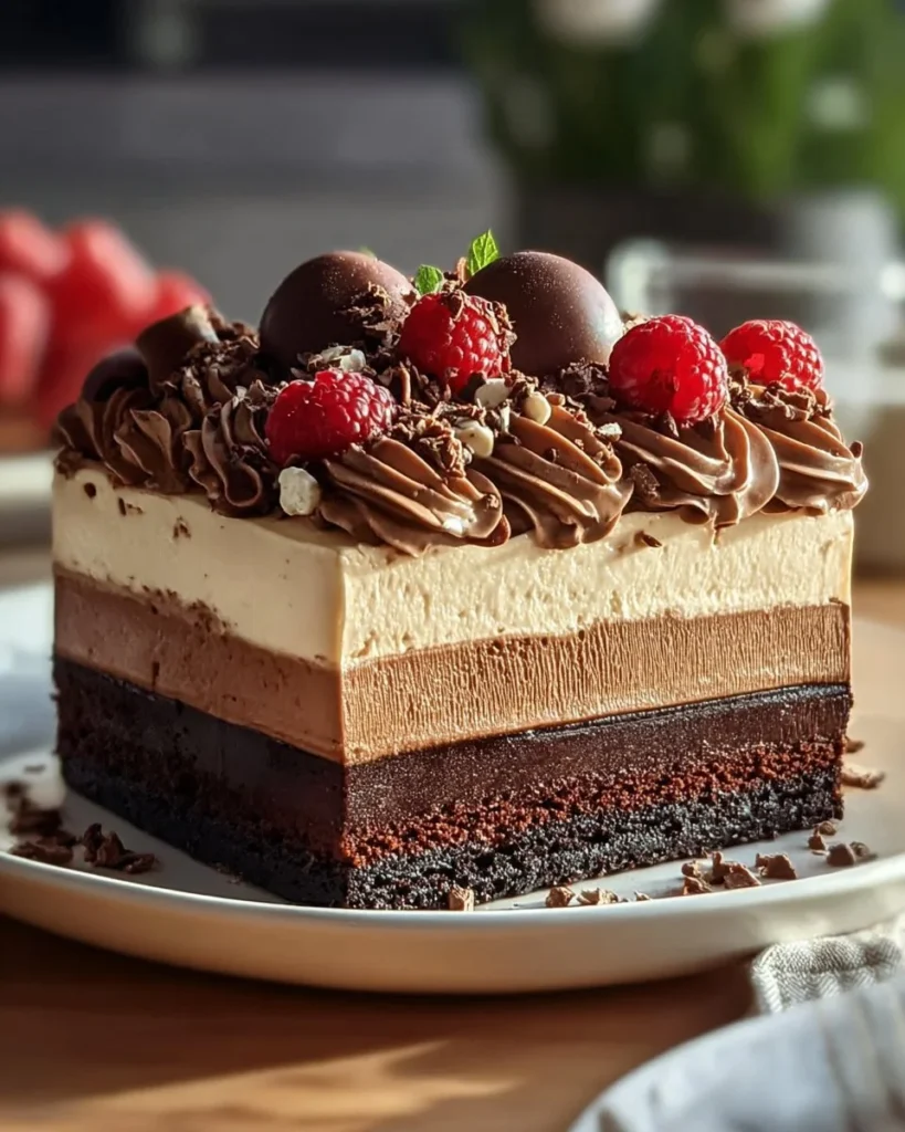 Delicious slice of Triple Chocolate Mousse Cake with rich chocolate layers