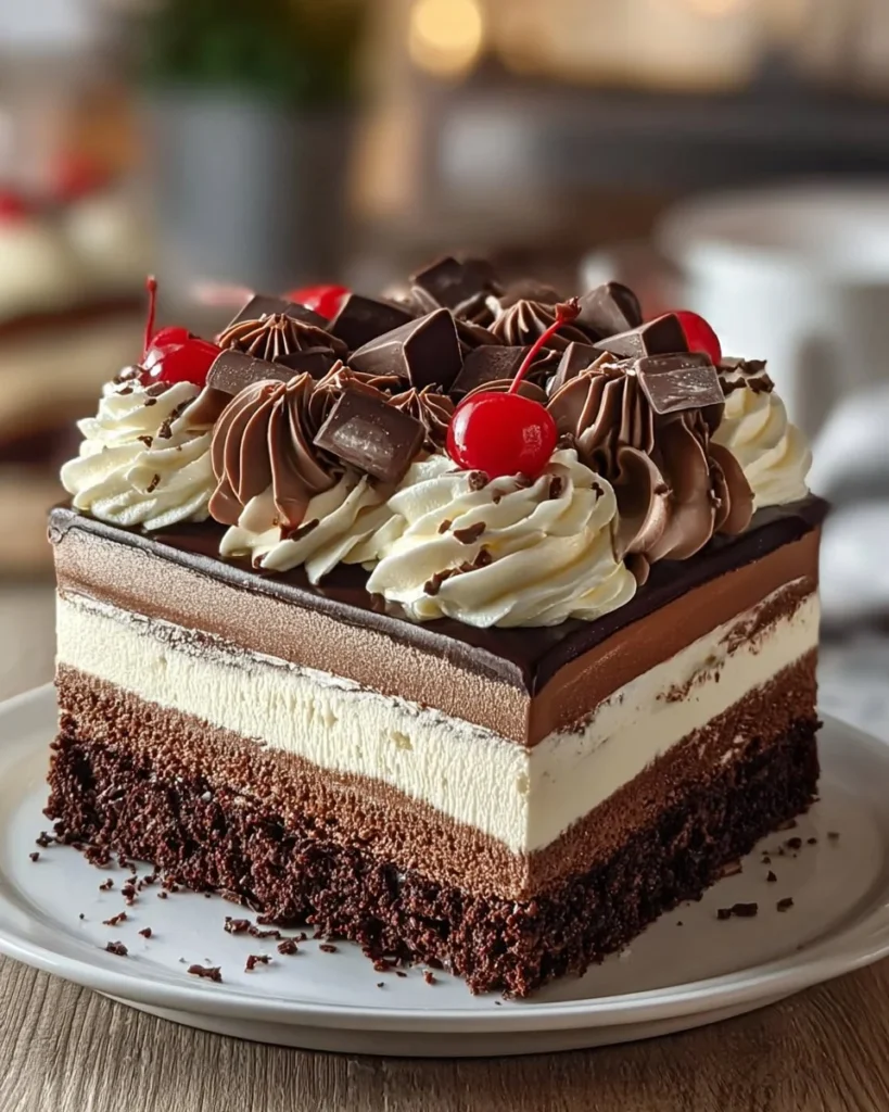 Delicious triple chocolate mousse cake with layers of rich chocolate and cream.