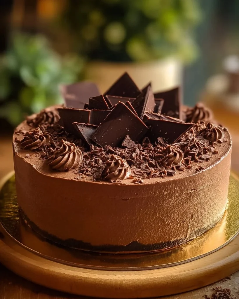 Delicious triple chocolate mousse cake with layers of rich chocolate
