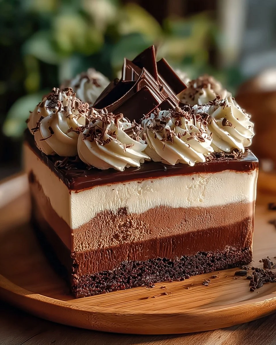 Decadent Triple Chocolate Mousse Cake topped with chocolate shavings